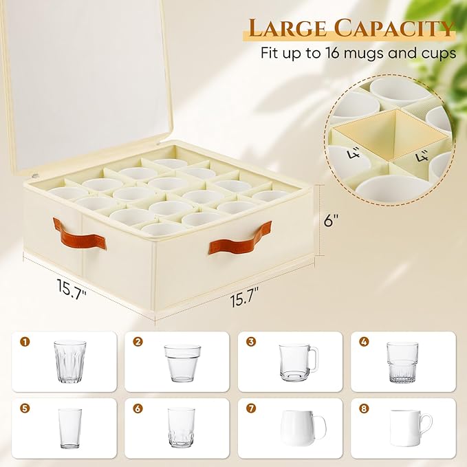 2 Pack Cup and Mug Storage Box with Dividers and Hard Shell, Stackable Coffee Cup Storage Organizer with Lid, Zipper, and Handles for Coffee Mugs, Cups, Glasses, Stemware Storage Containers for Moving-CasaMuseHome