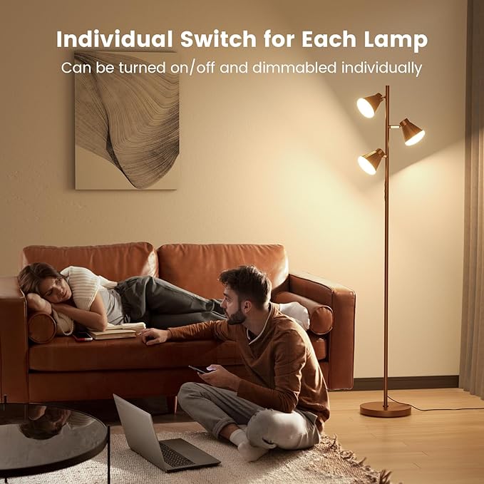 36W LED Tree Floor Lamp, Dimmable Tall Standing Lamp with Remote & Touch Control, 4 Color Temperatures Bright Floor Lamp, 3 Rotatable Light Modern Floor Lamps (Brown)-CasaMuseHome