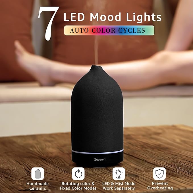 200ML Ceramic Essential Oil Diffuser - Ultrasonic Aromatherapy & Humidifier with 7-Color LED Lights, Auto Shut-Off, Black, 1H/3H/6H Timer | Scent for Home, Office, Yoga-CasaMuseHome