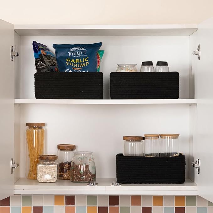 3 Pack Small Storage Baskets for Organizing, Cute Woven Decorative Gift Baskets for Shelves, Mini Closet Organizer Bins with Handles, 11.81''Lx7.87''Wx4.72''H-Black-CasaMuseHome