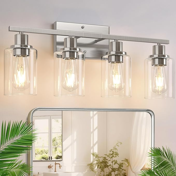 4-Light Bathroom Light Fixtures, Brushed Nickel Vanity Lights with Clear Glass Shades, Modern Bathroom Wall Lamp for Mirror Living Room Cabinet Bedroom Porch-CasaMuseHome