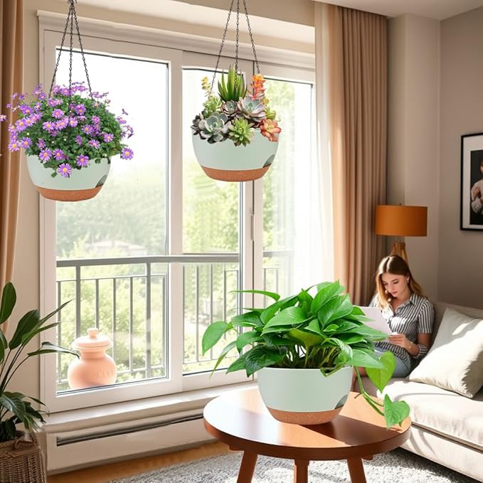 2 Pack Hanging Planters for Indoor Outdoor Plants, 12 Inch Self Watering Hanging Pot with Drainage Holes and Saucer, Plastic Plant Pots, Green Brown Flower Pots for Kitchen, Balcony, Garden-CasaMuseHome