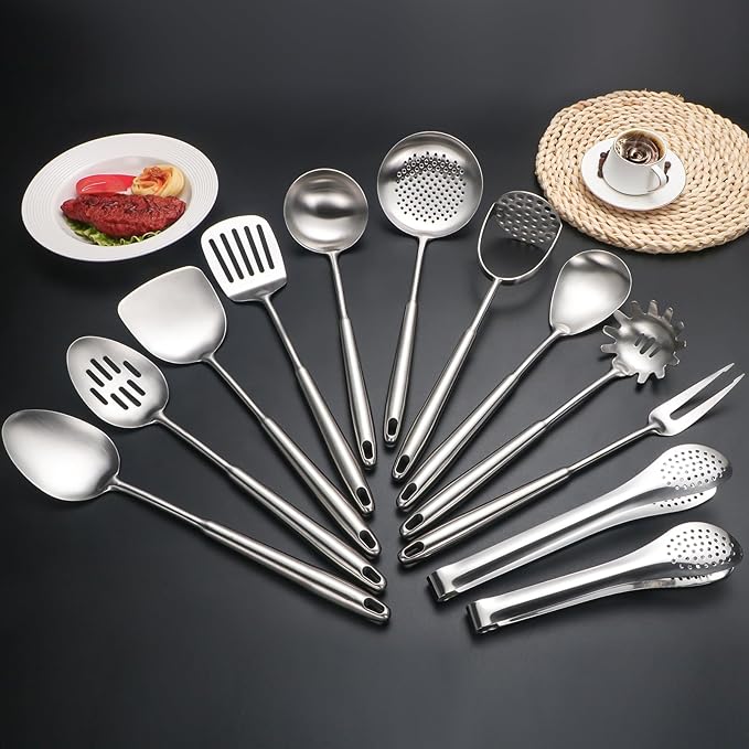 304 Stainlss Steel Kitchen Utensils Set, 12 Pcs Long Metal Cooking Utensil Gadgets Tools Set with Spatula, Ladle, Spoon, Ladle, Skimmer, Tunner, Pasta Server, Tongs(Silver, Dishwasher Safe)-CasaMuseHome