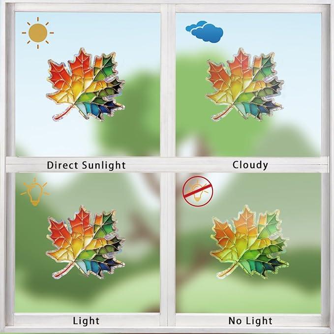 14pcs Window Decals for Bird Strikes, Anti Collision Window Clings, Rainbow Reflection Window Sticker, Maple Leaf Style Sun Catcher Stickers for Glass Windows-CasaMuseHome
