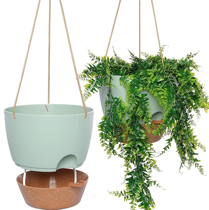 8 inch Hanging Planters, 2 Pack Self Watering Hanging Pots with 20oZ Deep Reservoir for Indoor Outdoor Plants Flowers, Green with Brown-CasaMuseHome