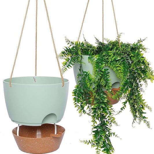 8 inch Hanging Planters, 2 Pack Self Watering Hanging Pots with 20oZ Deep Reservoir for Indoor Outdoor Plants Flowers, Green with Brown-CasaMuseHome