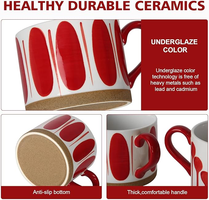 Koja Hand Painted 15 oz. Porcelain Ceramic Mugs Set. Service for 4. (Hand Painted - Red)-CasaMuseHome
