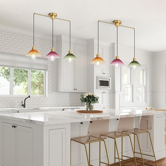 3-Light Pendant Lights Kitchen Island, Ceiling Hanging Lighting Fixtures, Colorful Vintage Glass Shade Pendants, Modern Gold Dining Room Chandeliers Height Adjustable for Farmhouse Living Room-CasaMuseHome