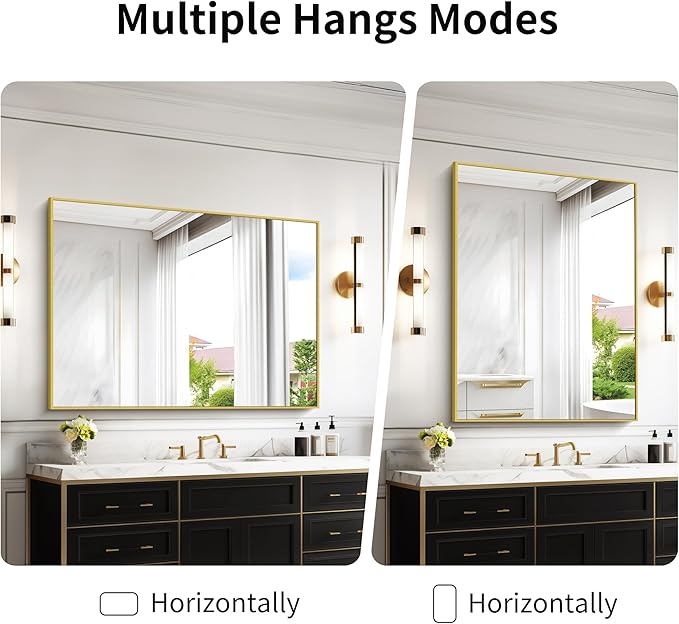 36x48inch Bathroom Mirror, Gold Rectangle Mirror with Thin Metal Frame, Large Rectangular Wall Mirrors for Bathroom, Living Room, Hair Salon, Big Farmhouse Mirror Hang Horizontal/Vertical-CasaMuseHome