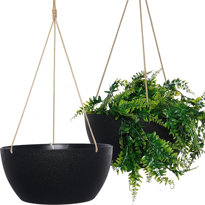13 Inch 2 Pack Large Hanging Planters for Indoor Outdoor Plants, Plastic Hanging Basket Pots for House Plants Flowers, Black-CasaMuseHome