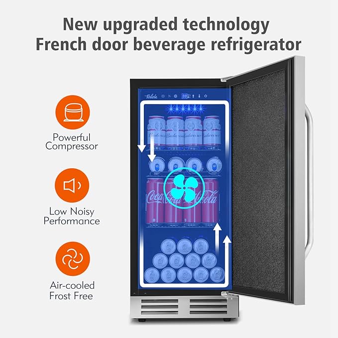 15 Inch Outdoor Beverage Refrigerator Cooler,Stainless Steel 127 Cans Beverage Fridge with French Door Under Counter Built-in or Freestanding, Perfect for Beer, Cola-CasaMuseHome