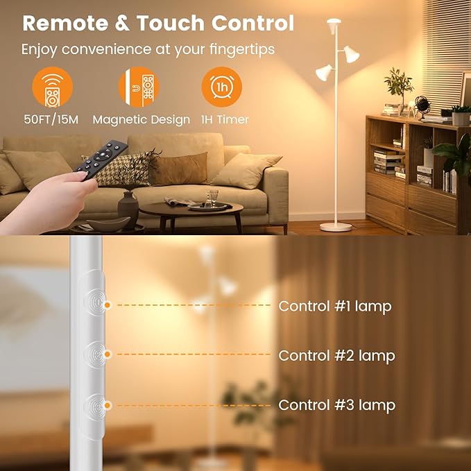 36W LED Tree Floor Lamp, Dimmable Tall Standing Lamp with Remote & Touch Control, 4 Color Temperatures Bright Floor Lamp, 3 Rotatable Light Modern Floor Lamps (White)-CasaMuseHome