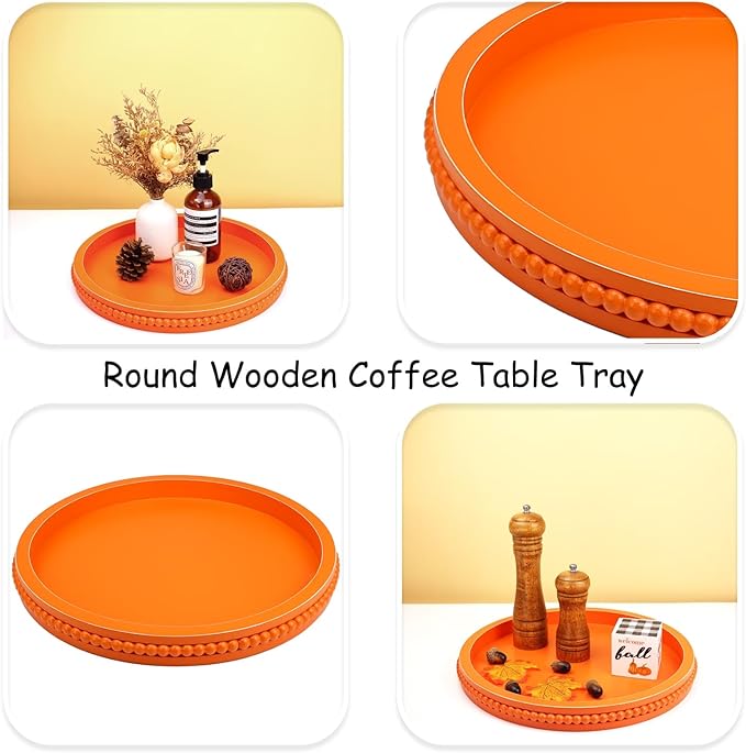Round Orange Wood Serving Tray with Beads, Wooden Decorative Tray for Entertaining, Decoration, and Gifting,-CasaMuseHome