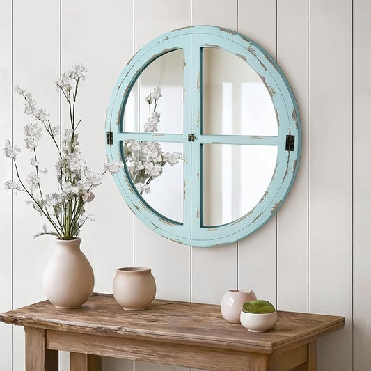 30" Round Window Mirror, Vintage Coastal Wall Mirror with Distressed Blue Wood Frame & Faux Windowpanes, Farmhouse Cottagecore Decor for Living Room, Entryway, or Dining Room-CasaMuseHome
