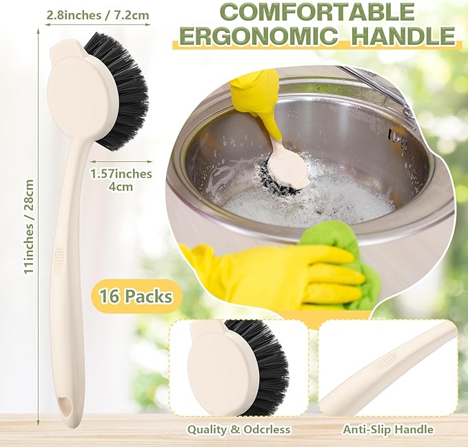 16 Pack Dish Brush with Handle Dish Scrubber Brush with Built-in Scraper Kitchen Scrub with Stiff Bristles Long Scrubber for Home Restaurant Pot Sink Washing Cleaning Supplies, Beige-CasaMuseHome