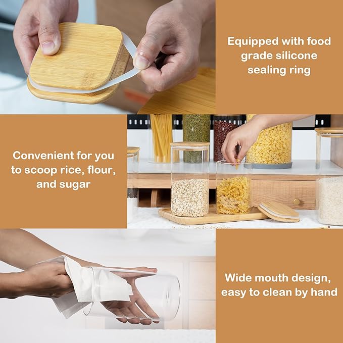 52oz Airtight Glass Square Storage Canister with Bamboo Lid Set of 3 (1550ml) Container Stackable Spice Jar, Kitchen Canister for Flour, Cookies, Cereal and Coffee beans (‎with Black Lable)-CasaMuseHome