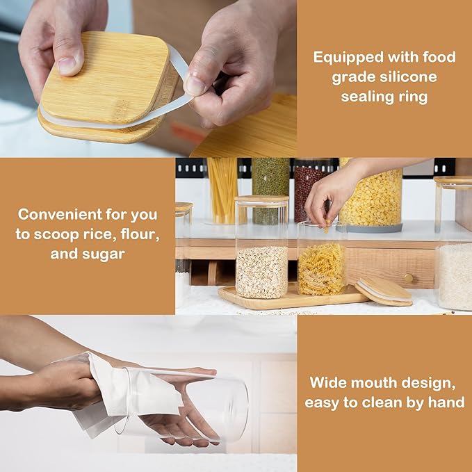 70oz Straight cylindrical Airtight Storage Jars with Bamboo Lid Set of 3 Storage Container Glass Jars, Kitchen Canister for Noodles, Pasta and Coffee beans (‎with Black Lable)-CasaMuseHome