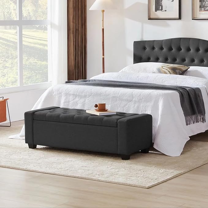 48" Ottoman with Storage, Storage Ottoman Bench with Safety Hinge, Upholstered Entryway Bench with Seating for Bedroom, Living Room, Holds up to 330 lb, Dark Gray-CasaMuseHome