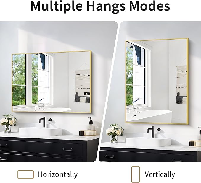 30x40In Gold Bathroom Mirror for Wall, Brushed Gold Rectangle Mirrors with Metal Frame, Bathroom Rectangular Mirror Modern Wall Mirror for Bedroom Living Room, Hangs Horizontal or Vertical-CasaMuseHome