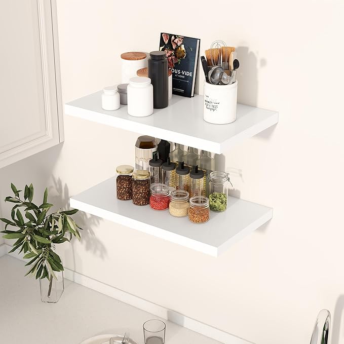 24" Floating Shelves for Wall, 12" Deep Slim White Floating Shelves, Wall-Mounted Shelves for Bedroom, Living Room, Kitchen, Bathroom - Set of 2-CasaMuseHome