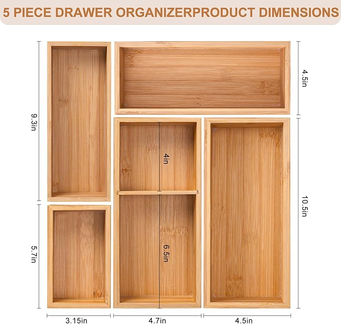 Bamboo Drawer Organizer 5 Pcs for Kitchen Multi-purpose Storage Dividers for Kitchen, Office, Jewelry, Cosmetics, Wooden Drawer Dividers for Drawer Organizer Desk Organizer Gift for Women Gifts Idea-CasaMuseHome