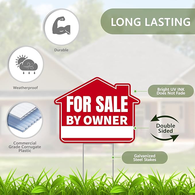 1PC For Sale By Owner Sign with Stakes, 17 Inches by 13 Inches - Double Sided Signs - Corrugated Plastic - FSBO Yard Sign for Home House Real Estate-CasaMuseHome