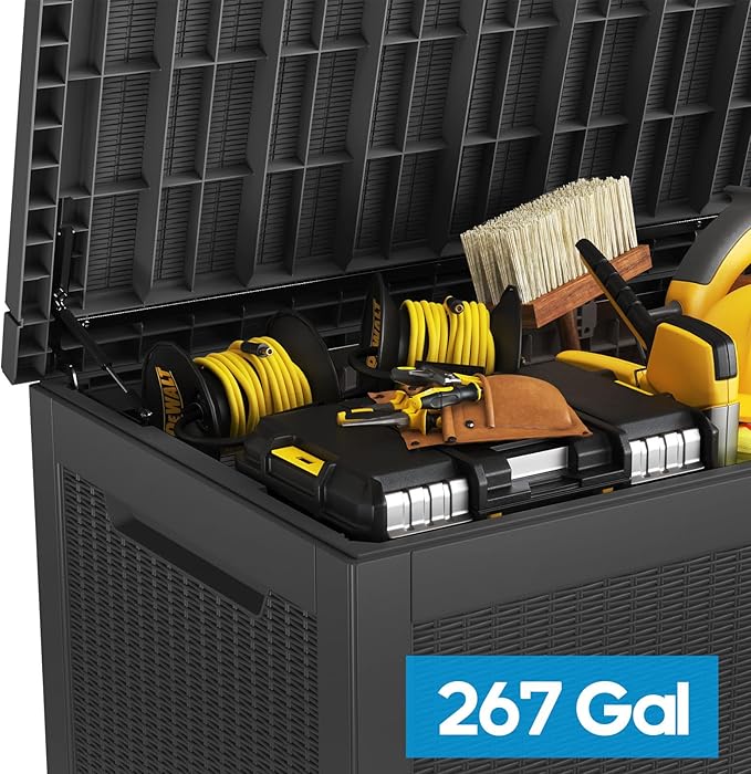 267 Gallon Deck Box Large Outdoor Storage for Patio Furniture,Outdoor Cushions,Garden Tools and Pool Supplies,Waterproof,Resin,Lockable(Black Rattan)-CasaMuseHome