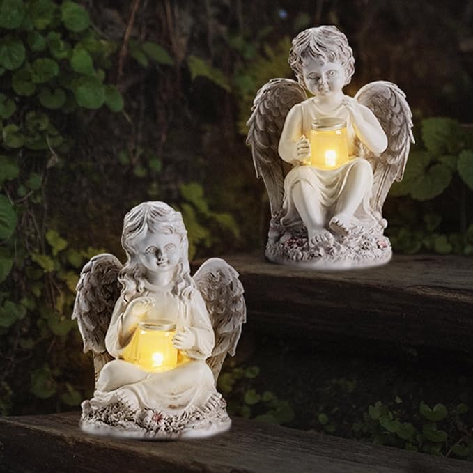 2 Pack Outdoor Angel Statue Garden Decor, Classic Solar Angel Figurine Decoration for Yard Art Indoor Porch Home Lawn Outside Light up Cherub Sculpture Guardian Wings Memorial Gifts-CasaMuseHome