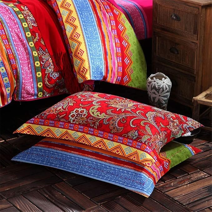 ABREEZE Bohemian Duvet Cover Set Colorful Red Boho Retro Bedding Set Damask Paisley Cotton Duvet Cover Tribal Reversible Bedding Exotic Style Comforter Cover 3-Piece Twin-CasaMuseHome