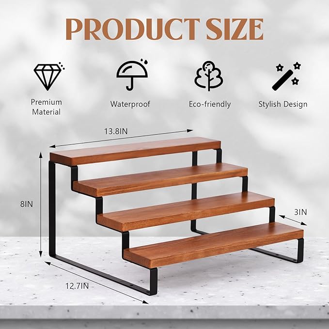 4 Tier Wooden Display Riser Stand Perfume Organizer with Metal Stand, Dessert Table Display Set, Food Display Stands for Party, Brown Rustic Solid Wood Shelf for Cupcakes, Perfume, Cologne, Spiece-CasaMuseHome