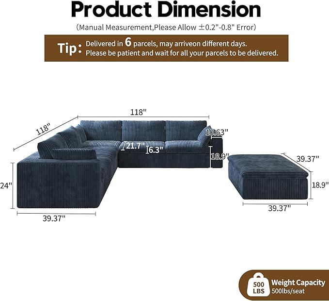 118" 6-Seater Cloud Sofa,Modular Sectional Couch with Ottoman,Modern Deep Seat Upholstered Couches with Plush Corduroy Fabric for Living Room Furniture,Bedroom and Apartment,No Assembly Required,Blue-CasaMuseHome