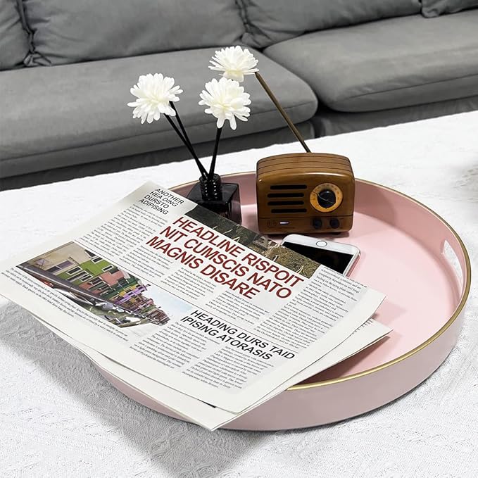 13" Pink Serving Tray with Handles,Round Decorative Tray for Coffee Table, Plastic Modern Coffee Table Tray for Ottoman, Living Room, Bathroom, Décor.-CasaMuseHome