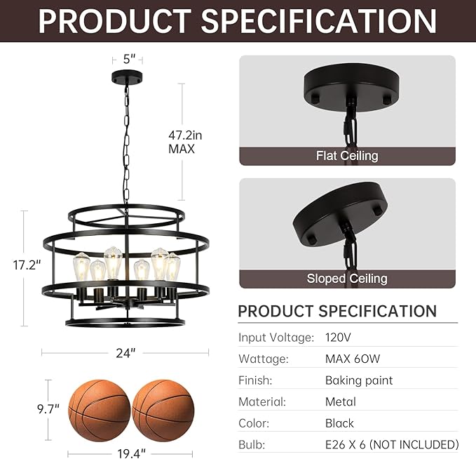 24" Black Chandelier, 6-Light Farmhouse Pendant Light Fixture with Geometric Metal Frame, Modern Industrial Ceiling Hanging Light for Dining Room, Living Room, Bedroom, Kitchen Island, Hallway, Foyer-CasaMuseHome