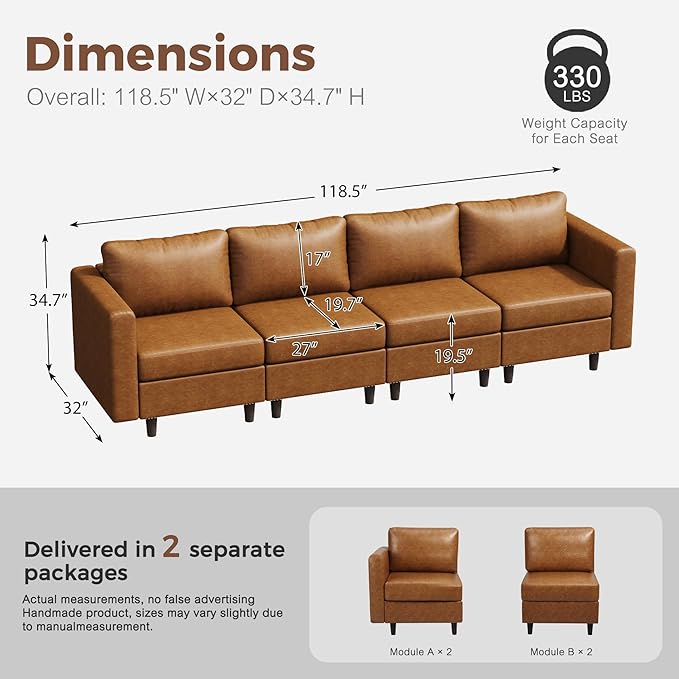 118.5" Faux Leather Modular Sectional Sofa with Storage Seat, Oversized 4 Seater Couch Deep Seat with Removable Cover Brown-CasaMuseHome