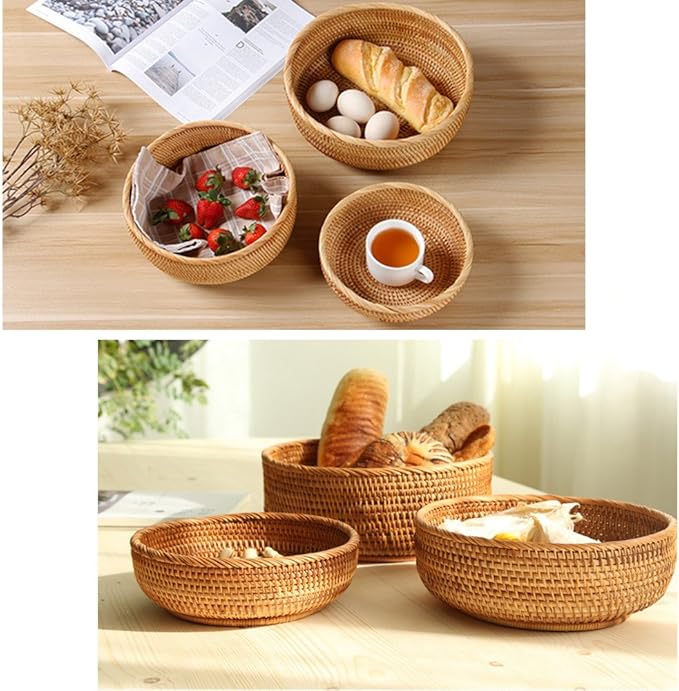 3 Pack Hadewoven Round Rattan Fruit Basket Wicker Food Tray Weaving Storage Holder Dinning Room Bowl, 10 Inch Small Wicker Basket Serving Tray Woven Basket for Bread,Snack,Brown(3-Size Kit)-CasaMuseHome