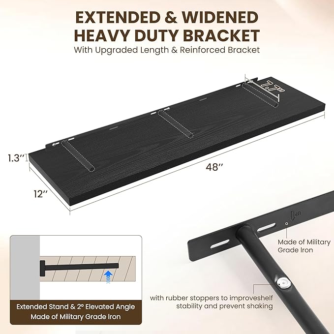 48" Floating Shelves for Wall, 12" Deep Slim Black Floating Shelves, Wall-Mounted Shelves for Bedroom, Living Room, Kitchen, Bathroom - Set of 2-CasaMuseHome