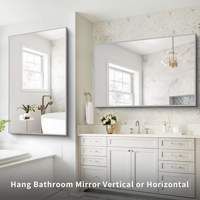36x55inch Bathroom Mirror, Silver Rectangle Mirror with Thin Metal Frame, Large Rectangular Wall Mirrors for Bathroom, Living Room, Hair Salon, Big Mirror Hang Horizontal/Vertical-CasaMuseHome