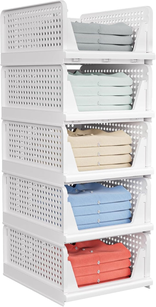 5 Pack Stackable Closet Storage Basket - Stackable Storage Bins, Multifunctional & Foldable Closet Organizer, Wardrobe Cupboard Space-Saving Hat Storage Drawer Organizer, White-CasaMuseHome