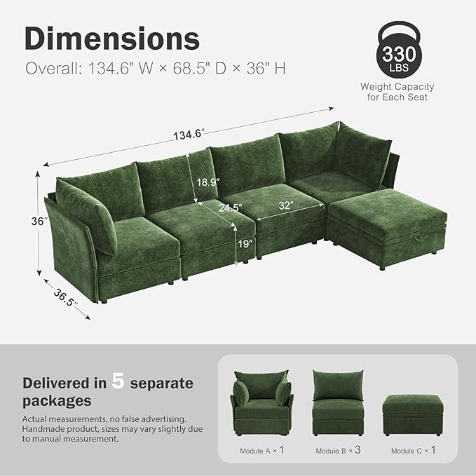 134.6" Luxury Modular Sectional Convertible Sofa with Storage Ottoman, L-Shape 5-Seat Oversized Comfy Couch Deep Seat with Reversible Chaise - Chenille Green-CasaMuseHome