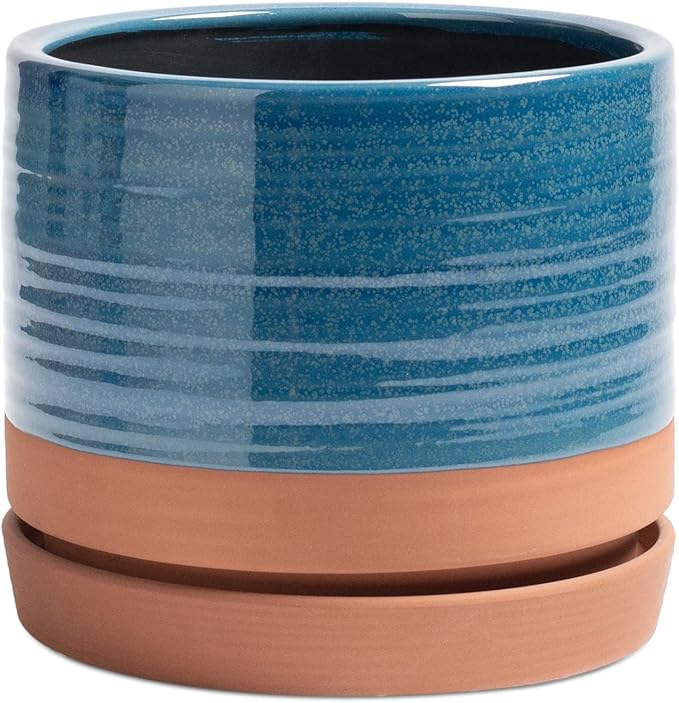 8 Inch Pots for Plants, Ceramic Planter Pot with Drainage Hole & Saucer, Indoor/Outdoor Cylinder Round Planter Pot, Blue & Terracotta-CasaMuseHome