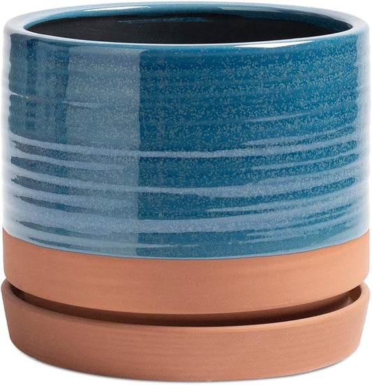8 Inch Pots for Plants, Ceramic Planter Pot with Drainage Hole & Saucer, Indoor/Outdoor Cylinder Round Planter Pot, Blue & Terracotta-CasaMuseHome