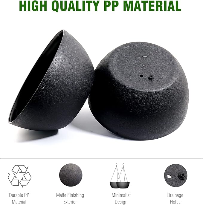 13 inch Large Hanging Planters Plant Pots for Outdoor Indoor Plants with Drainage Holes and Chain, 2 Pack Round Hanging Flower Pots for Garden Home Porch Decor, Black-CasaMuseHome