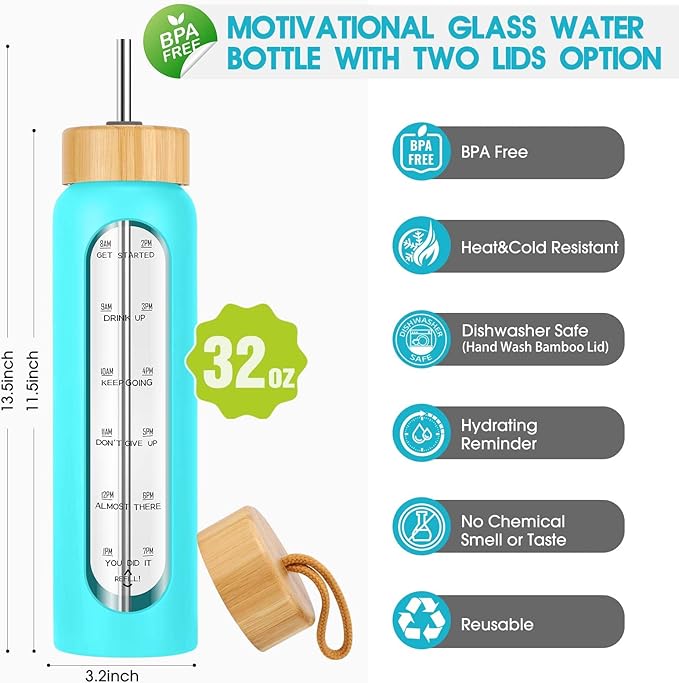 32 oz Glass Water Bottle with Straw - Motivational Time Marker & Silicone Sleeve - Reusable Tumbler Includes 2 Bamboo Lids & Fruit Infuser - 1 Pack-CasaMuseHome