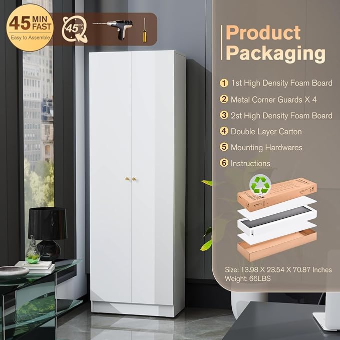 5 Tier Metal Curio Cabinets, Modern Bookshelf Cabinet with 4 Adjustable Shelves, Cabinet Display Case for Home Office, Living Room, Pantry (White-23.54W-Metal Door)-CasaMuseHome