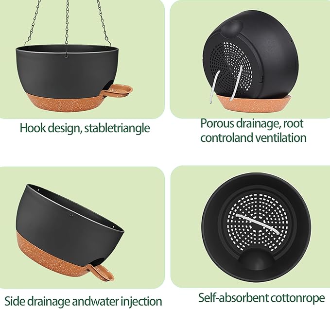 2 Pack Hanging Planters for Indoor Outdoor Plants, 12 Inch Self Watering Hanging Pot with Drainage Holes and Saucer, Plastic Plant Pots, Black Brown Flower Pots for Kitchen, Balcony, Garden-CasaMuseHome