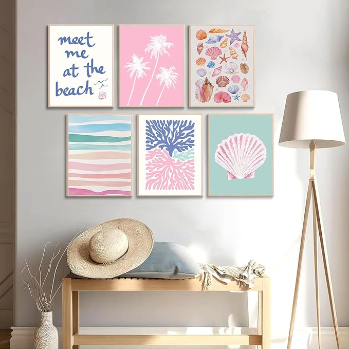 6 Pcs Coastal Beachy Wall Art Tropical Summer Shell Ocean Paintings Prints Posters Trendy Pink Preppy Palm Tree Canvas Wall Decor Aesthetic for Bedroom Living Room Dorm Apartment 8x10inch Unframed-CasaMuseHome