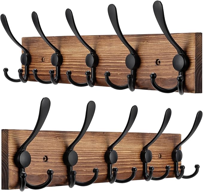 2pcs Coat Rack Wall Mount Wooden Hat Rack for Wall Hooks Pine Real Wood Plank 16.9" Brown Coat Hanger with 5 Triple Hooks for Hanging Coat Hat Jacket-CasaMuseHome