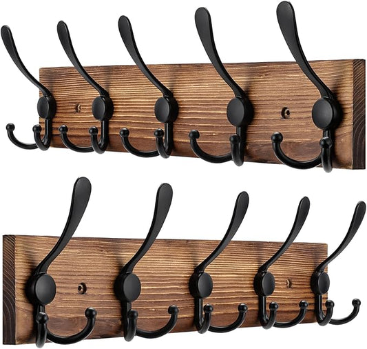 2pcs Coat Rack Wall Mount Wooden Hat Rack for Wall Hooks Pine Real Wood Plank 16.9" Brown Coat Hanger with 5 Triple Hooks for Hanging Coat Hat Jacket-CasaMuseHome