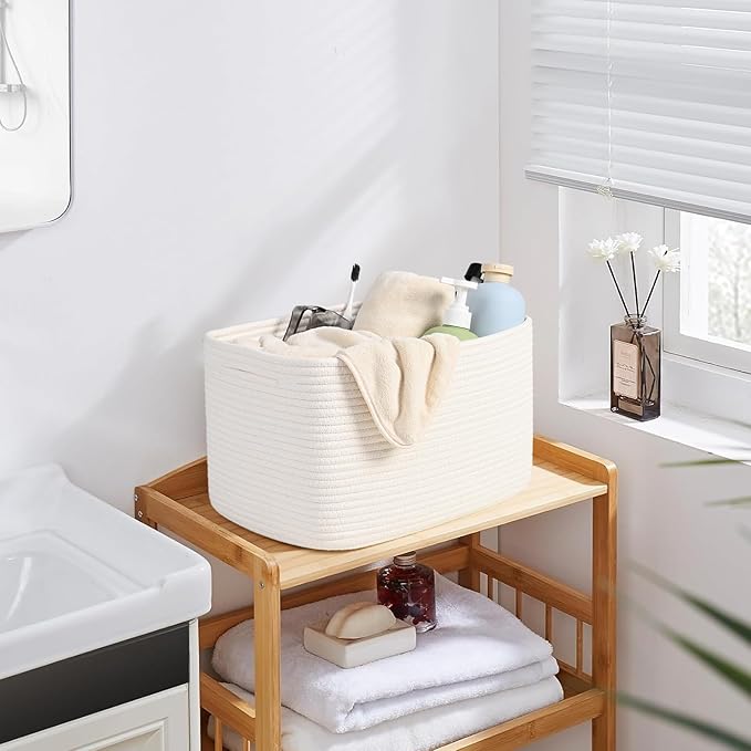 3-Pack Shelf Baskets for Organizing, Woven Storage Basket for Shelves, Cotton Rope Storage Bins for Toys Books, Nursery Towel Baskets for Classroom, 14.96"X9.8"X8.85", White-CasaMuseHome