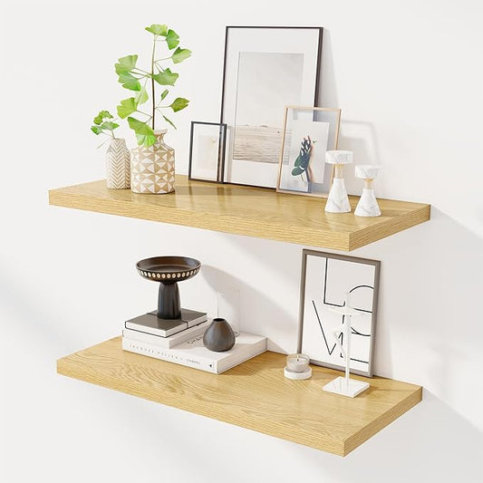 30" Floating Shelves for Wall, 12" Deep Slim Oak Floating Shelves, Wall-Mounted Shelves for Bedroom, Living Room, Kitchen, Bathroom - Set of 2-CasaMuseHome